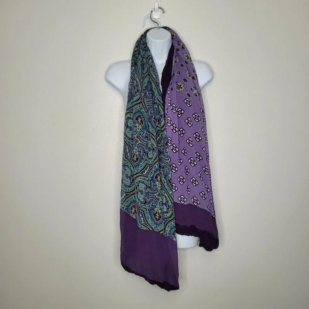 Purple green paisley mixed print long artsy scarf boho